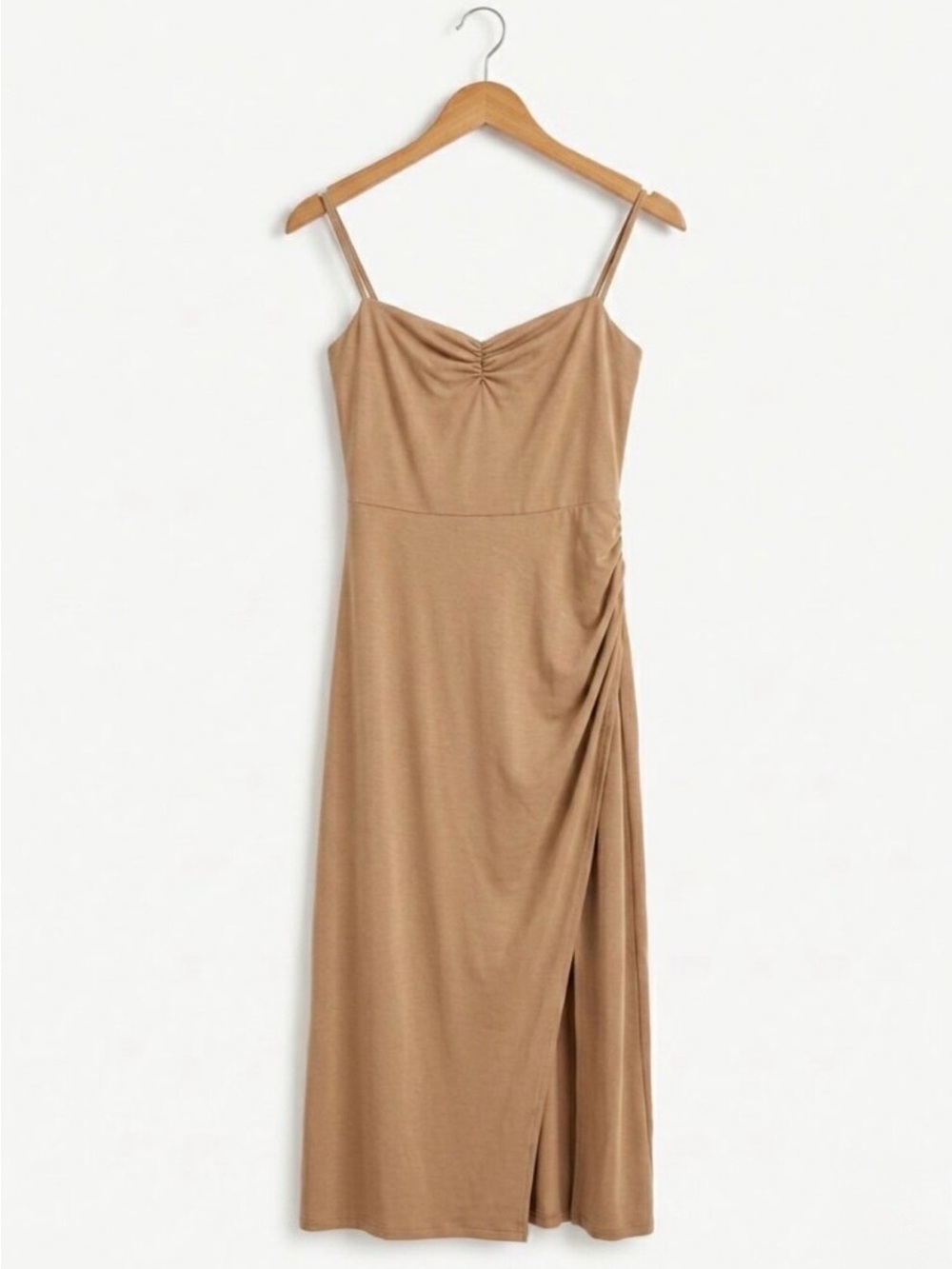 Aritzia Wilfred Flight Dress Tan Camel Sweetheart Ruched Slit Midi Dress